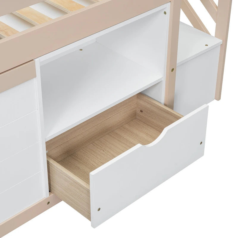 Twin Size Solid Wood Low Loft Bed with Stair, Drawer, and Shelf for Bedroom