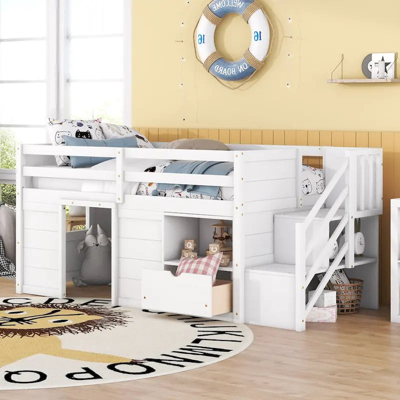 Twin Size Solid Wood Low Loft Bed with Stair, Drawer, and Shelf for Bedroom