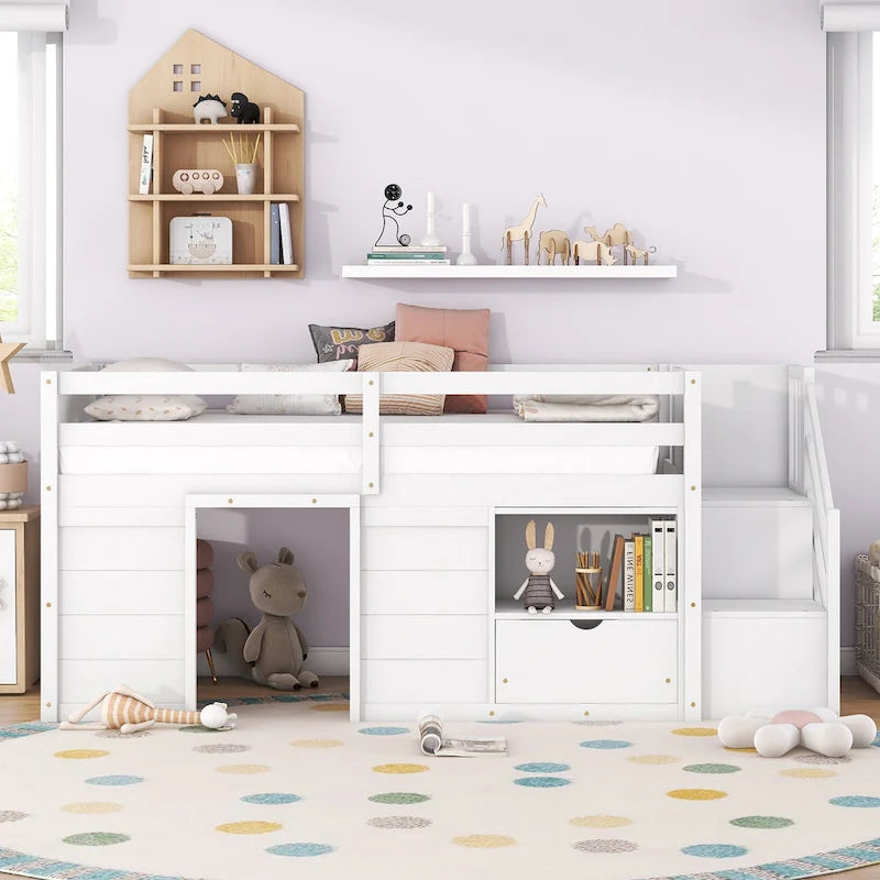 Twin Size Solid Wood Low Loft Bed with Stair, Drawer, and Shelf for Bedroom