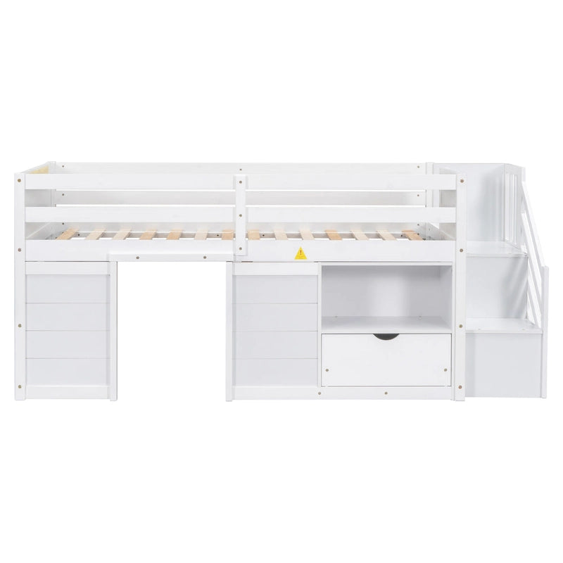Twin Size Solid Wood Low Loft Bed with Stair, Drawer, and Shelf for Bedroom