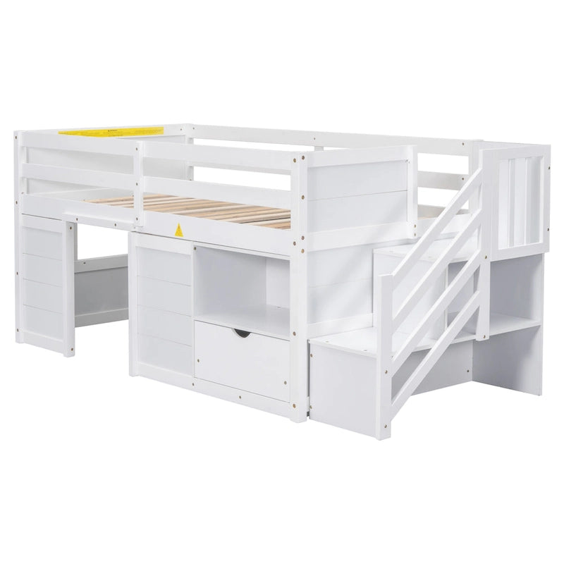 Twin Size Solid Wood Low Loft Bed with Stair, Drawer, and Shelf for Bedroom