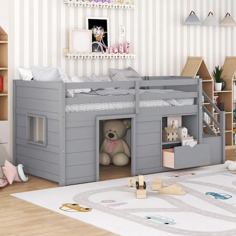 Twin Size Solid Wood Low Loft Bed with Stair, Drawer, and Shelf for Bedroom