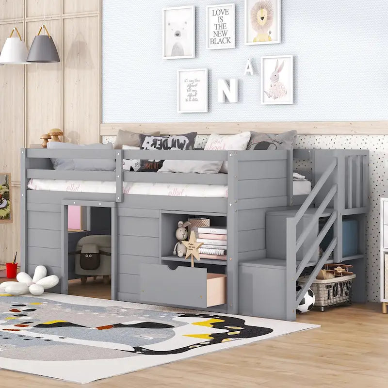 Twin Size Solid Wood Low Loft Bed with Stair, Drawer, and Shelf for Bedroom