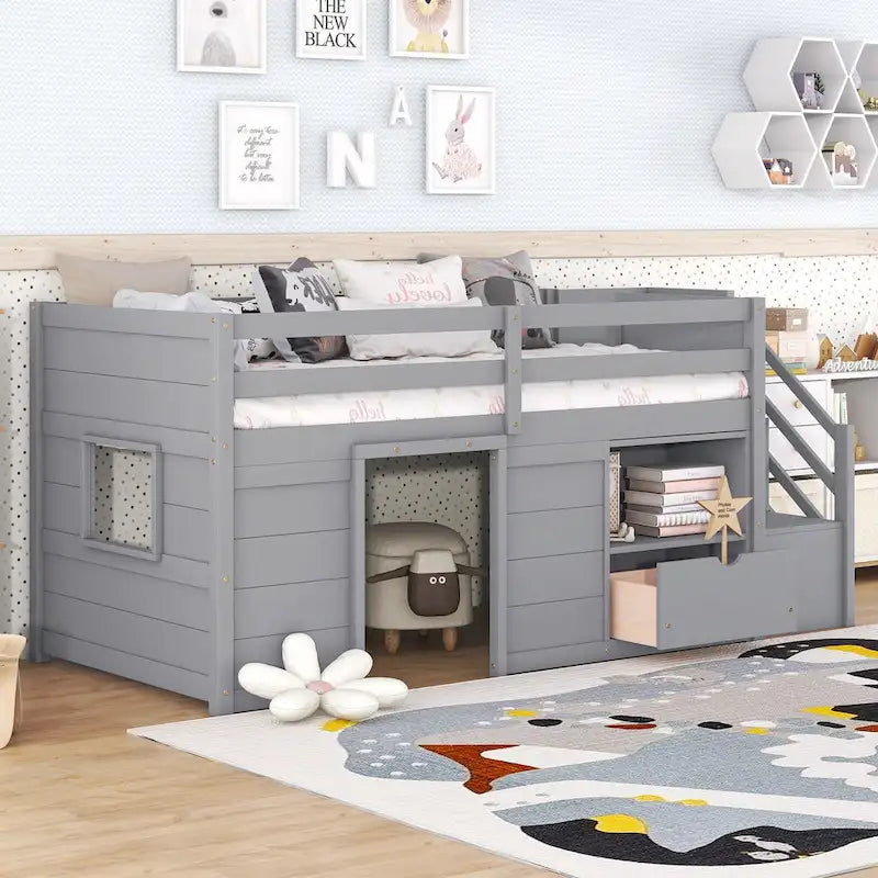 Twin Size Solid Wood Low Loft Bed with Stair, Drawer, and Shelf for Bedroom
