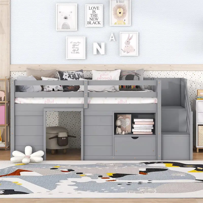 Twin Size Solid Wood Low Loft Bed with Stair, Drawer, and Shelf for Bedroom