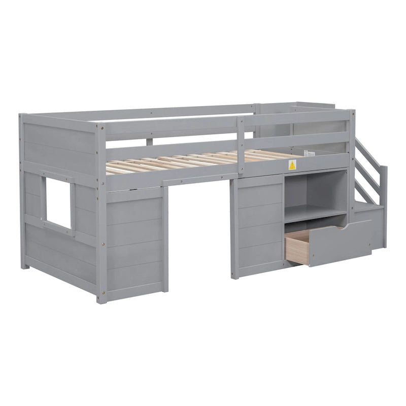 Twin Size Solid Wood Low Loft Bed with Stair, Drawer, and Shelf for Bedroom