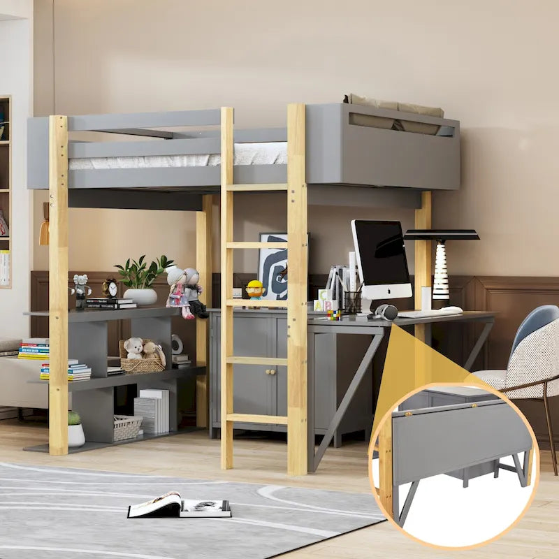 Full Size Solid Wood Loft Bed With Built-in Storage Cabinet and Cubes, Foldable desk