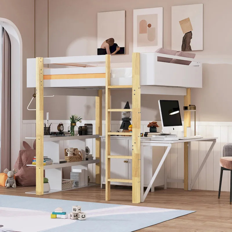 Full Size Solid Wood Loft Bed With Built-in Storage Cabinet and Cubes, Foldable desk
