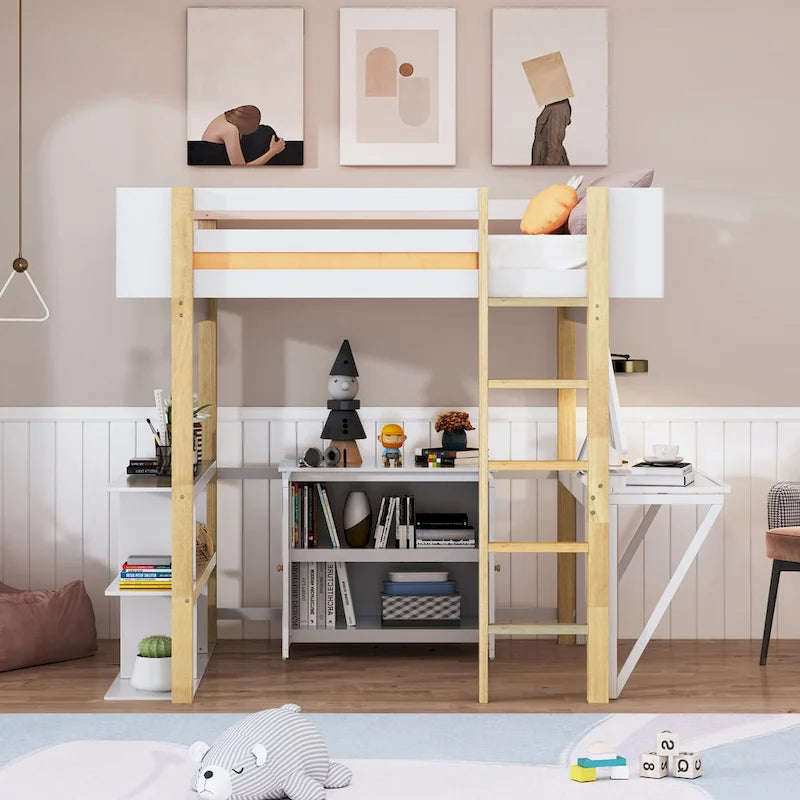 Full Size Solid Wood Loft Bed With Built-in Storage Cabinet and Cubes, Foldable desk