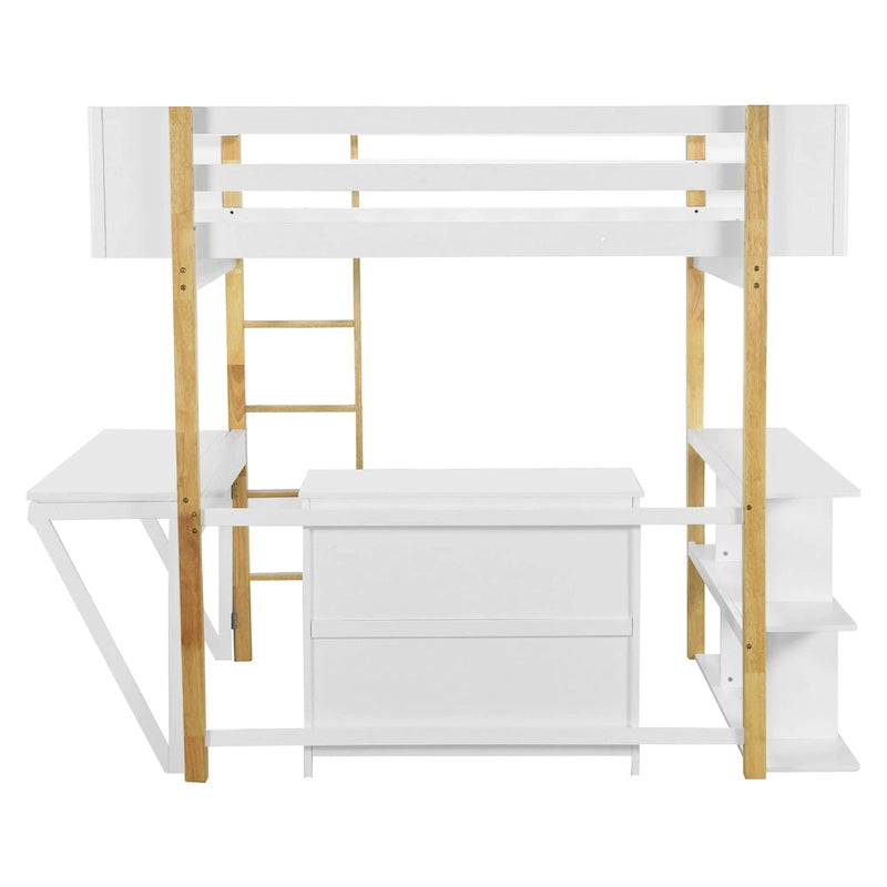 Full Size Solid Wood Loft Bed With Built-in Storage Cabinet and Cubes, Foldable desk