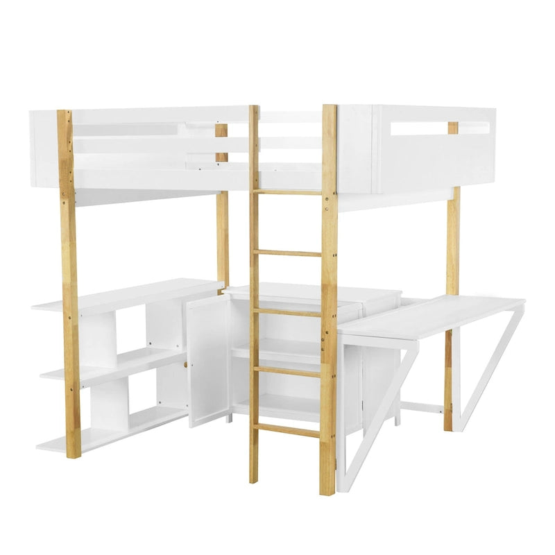 Full Size Solid Wood Loft Bed With Built-in Storage Cabinet and Cubes, Foldable desk