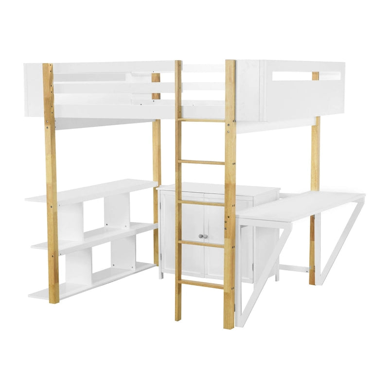 Full Size Solid Wood Loft Bed With Built-in Storage Cabinet and Cubes, Foldable desk