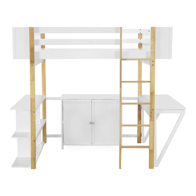 Full Size Solid Wood Loft Bed With Built-in Storage Cabinet and Cubes, Foldable desk