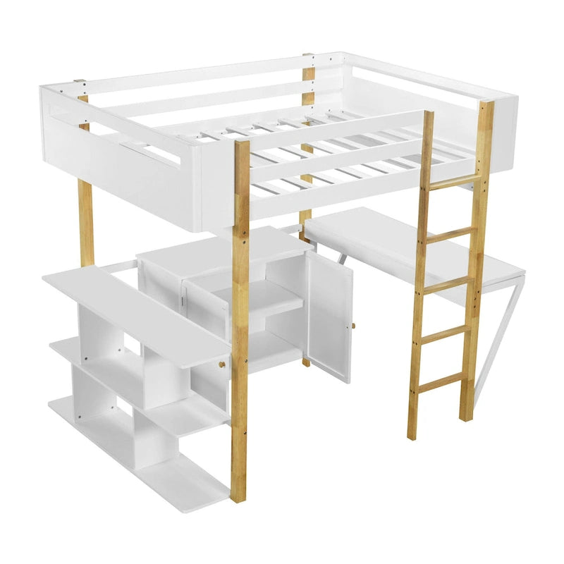 Full Size Solid Wood Loft Bed With Built-in Storage Cabinet and Cubes, Foldable desk