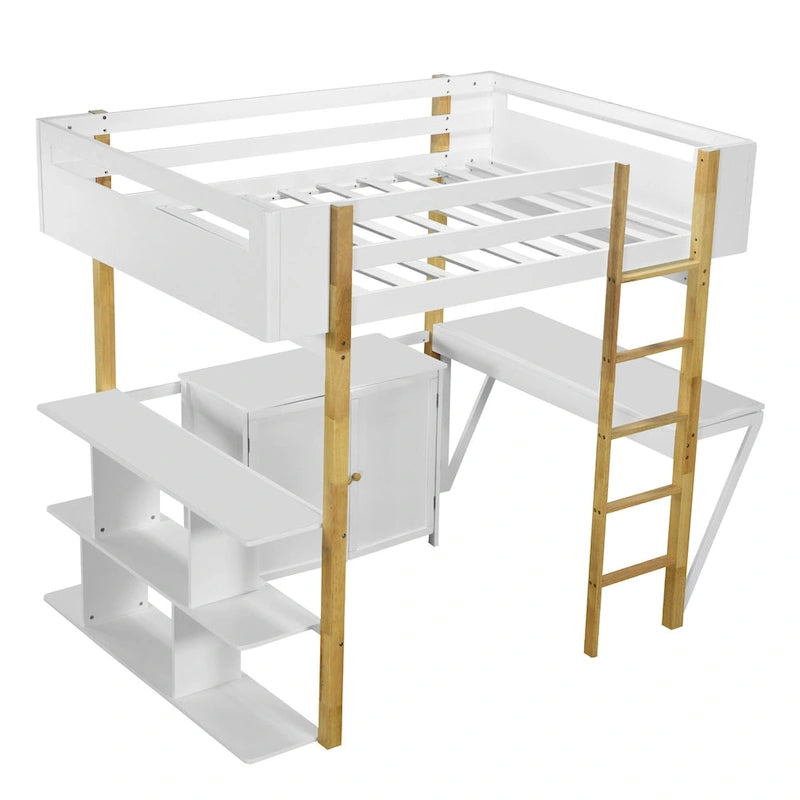 Full Size Solid Wood Loft Bed With Built-in Storage Cabinet and Cubes, Foldable desk