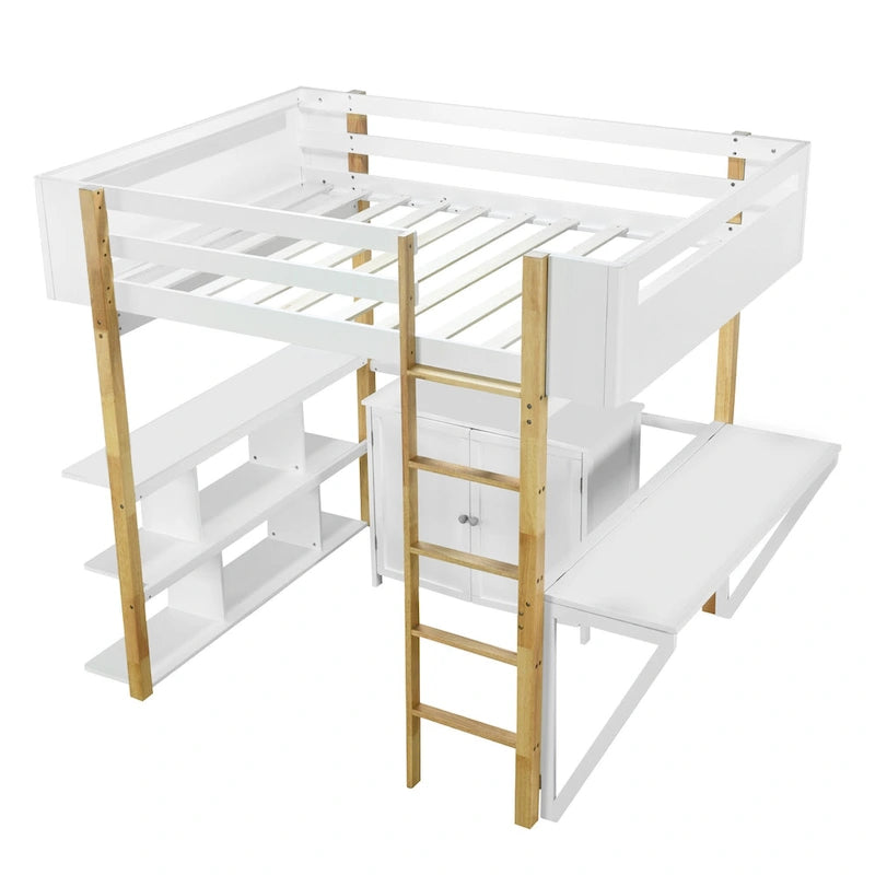 Full Size Solid Wood Loft Bed With Built-in Storage Cabinet and Cubes, Foldable desk