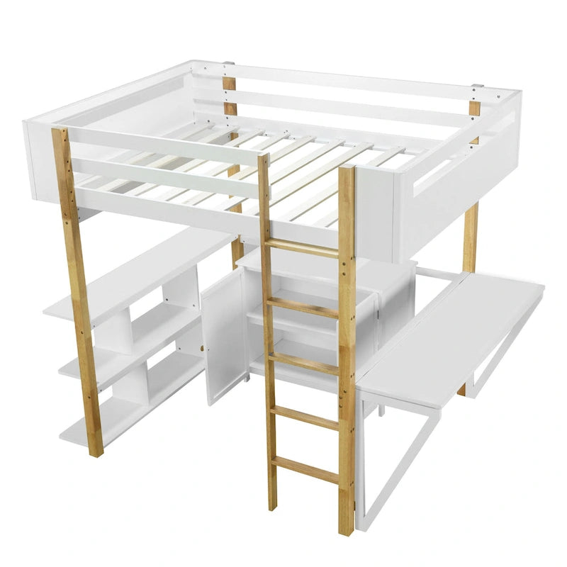 Full Size Solid Wood Loft Bed With Built-in Storage Cabinet and Cubes, Foldable desk