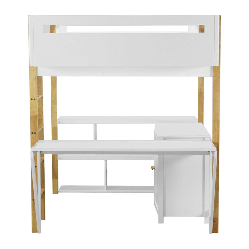 Full Size Solid Wood Loft Bed With Built-in Storage Cabinet and Cubes, Foldable desk