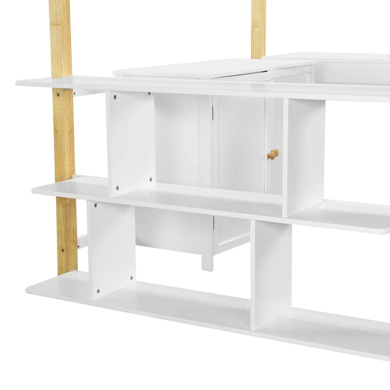 Full Size Solid Wood Loft Bed With Built-in Storage Cabinet and Cubes, Foldable desk
