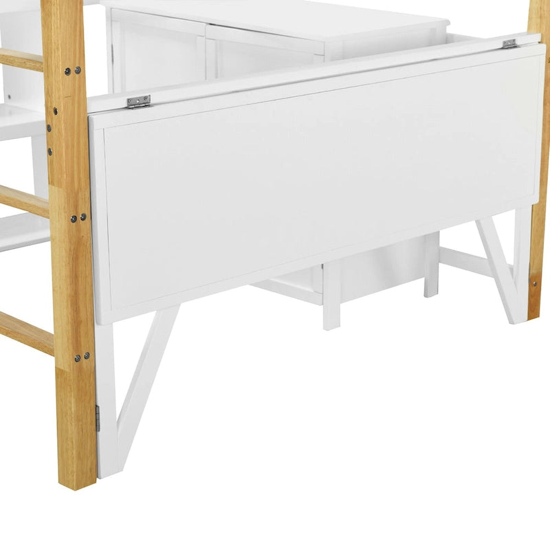 Full Size Solid Wood Loft Bed With Built-in Storage Cabinet and Cubes, Foldable desk