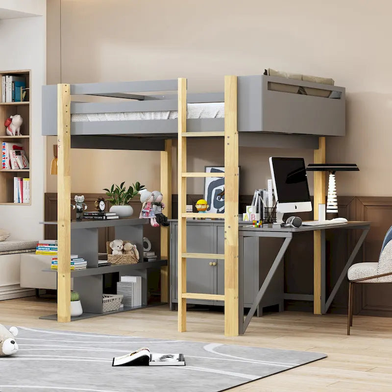 Full Size Solid Wood Loft Bed With Built-in Storage Cabinet and Cubes, Foldable desk