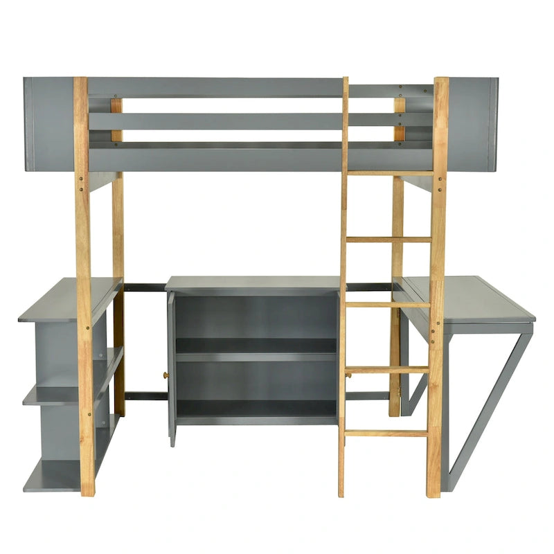 Full Size Solid Wood Loft Bed With Built-in Storage Cabinet and Cubes, Foldable desk