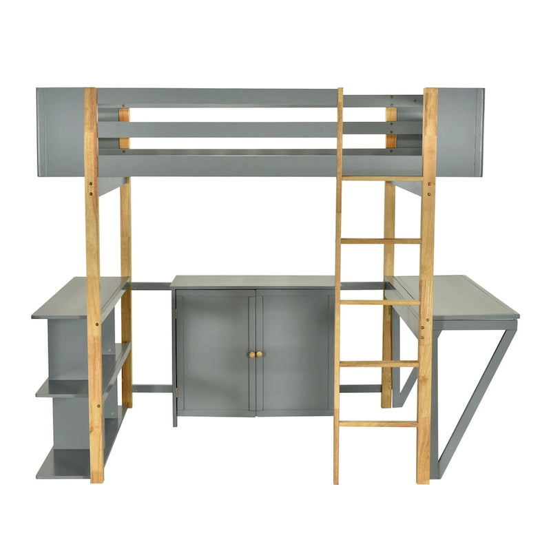 Full Size Solid Wood Loft Bed With Built-in Storage Cabinet and Cubes, Foldable desk
