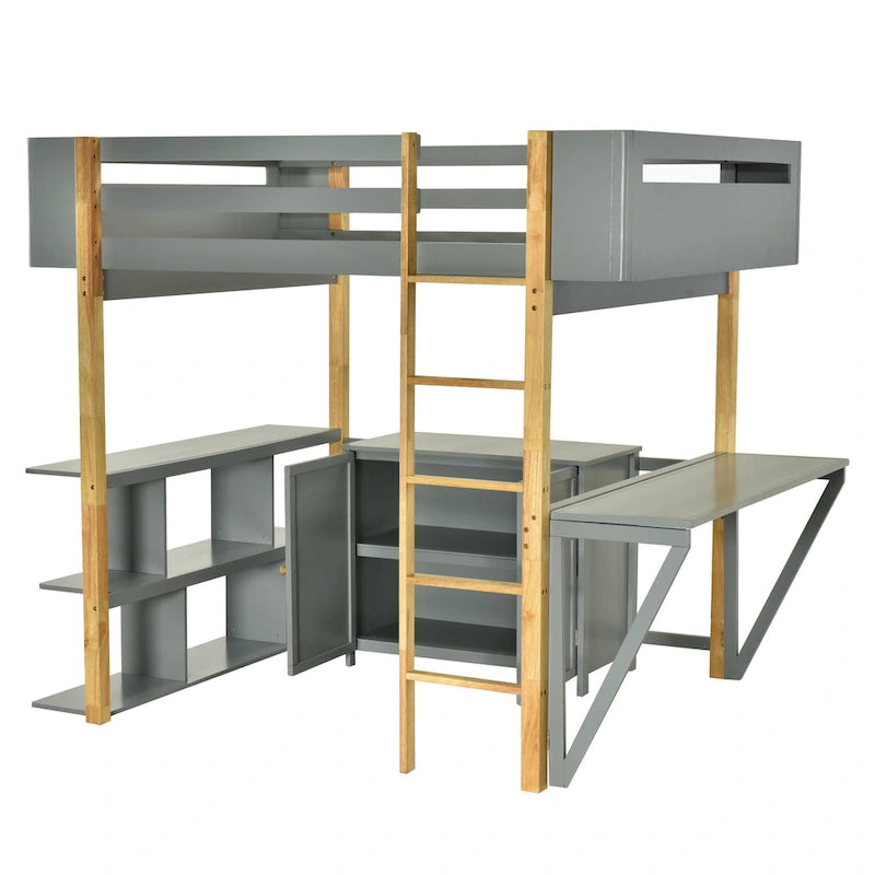 Full Size Solid Wood Loft Bed With Built-in Storage Cabinet and Cubes, Foldable desk