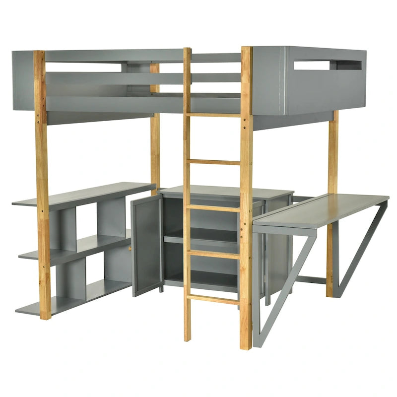 Full Size Solid Wood Loft Bed With Built-in Storage Cabinet and Cubes, Foldable desk
