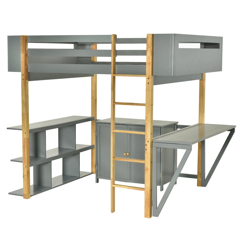 Full Size Solid Wood Loft Bed With Built-in Storage Cabinet and Cubes, Foldable desk