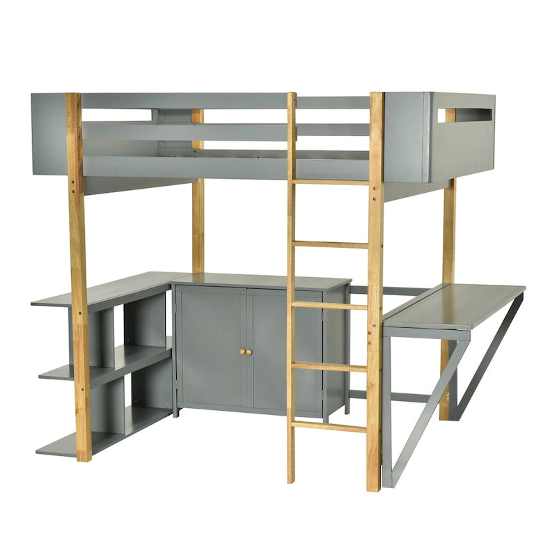 Full Size Solid Wood Loft Bed With Built-in Storage Cabinet and Cubes, Foldable desk