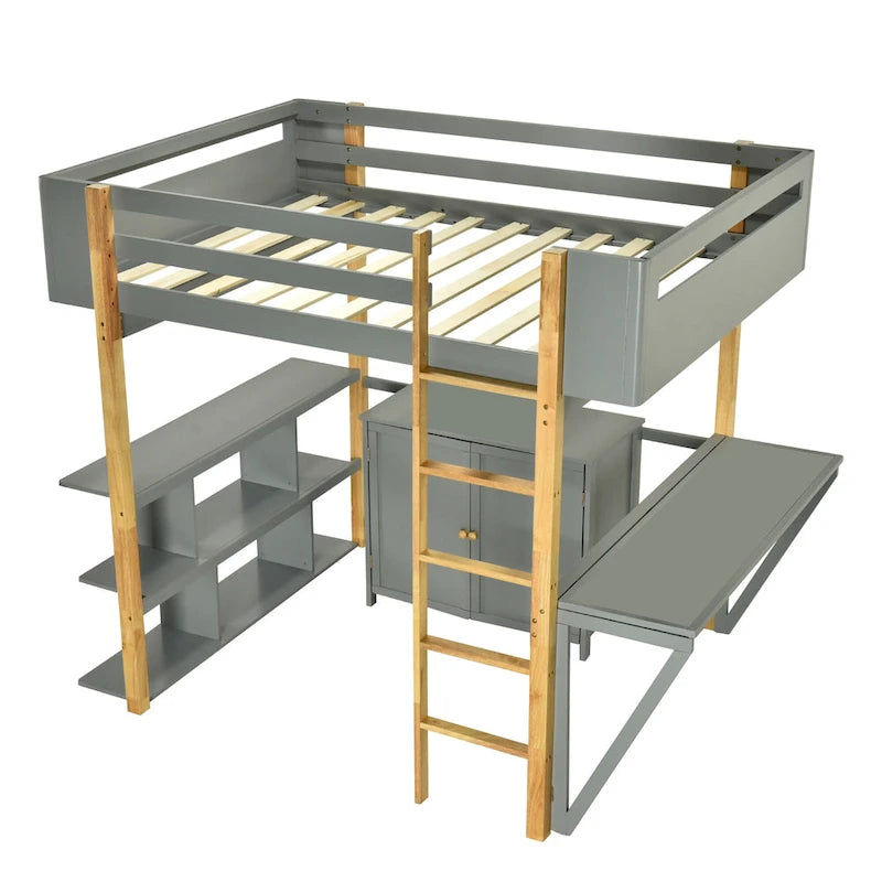 Full Size Solid Wood Loft Bed With Built-in Storage Cabinet and Cubes, Foldable desk