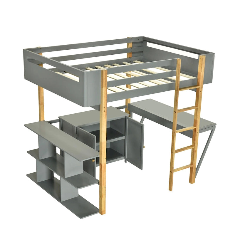 Full Size Solid Wood Loft Bed With Built-in Storage Cabinet and Cubes, Foldable desk