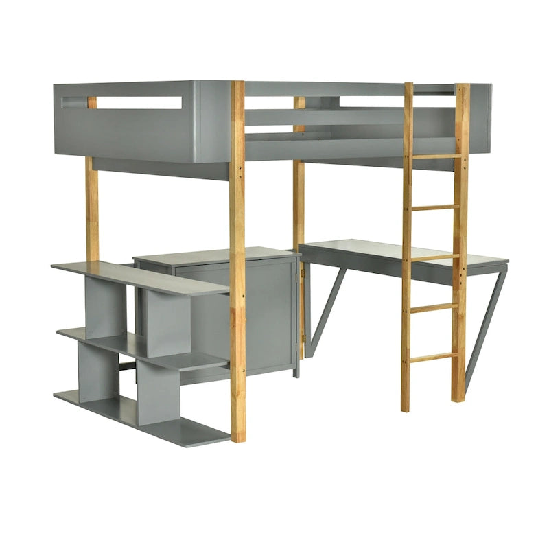 Full Size Solid Wood Loft Bed With Built-in Storage Cabinet and Cubes, Foldable desk