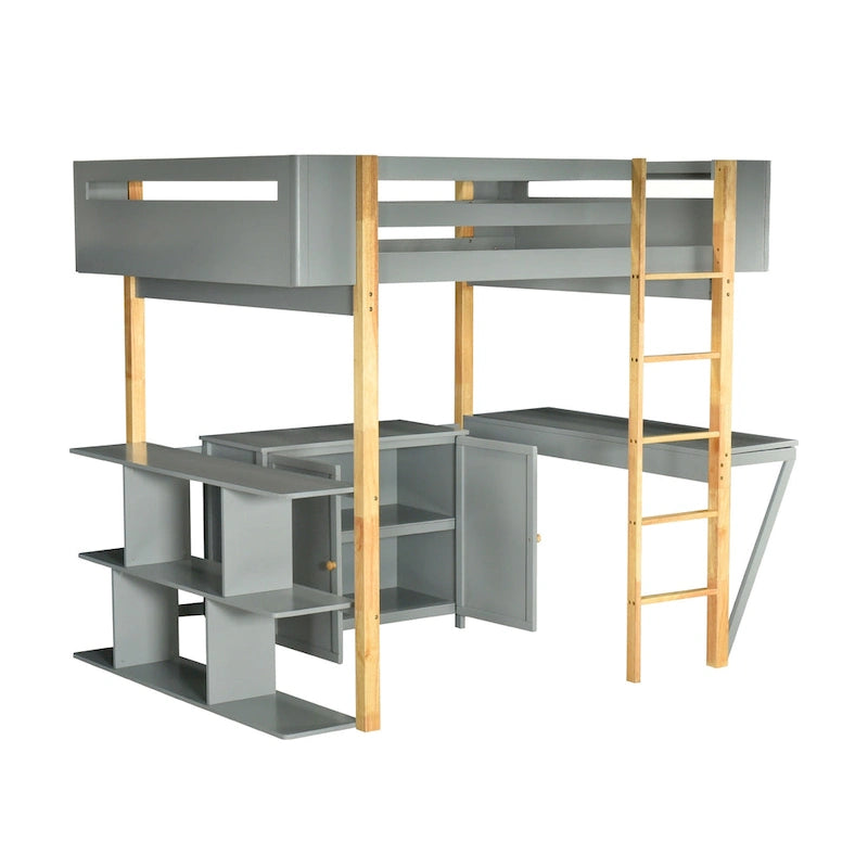 Full Size Solid Wood Loft Bed With Built-in Storage Cabinet and Cubes, Foldable desk