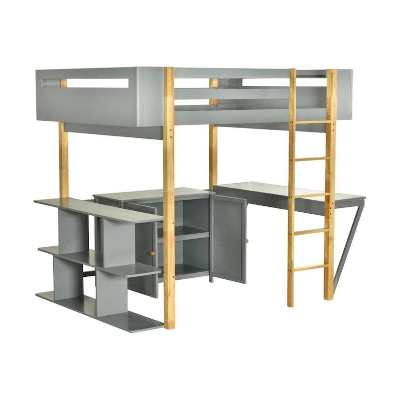 Full Size Solid Wood Loft Bed With Built-in Storage Cabinet and Cubes, Foldable desk