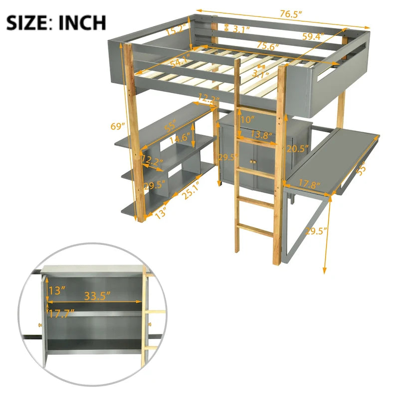 Full Size Solid Wood Loft Bed With Built-in Storage Cabinet and Cubes, Foldable desk