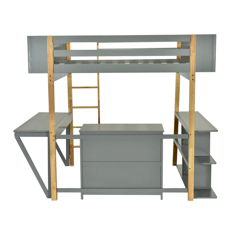 Full Size Solid Wood Loft Bed With Built-in Storage Cabinet and Cubes, Foldable desk