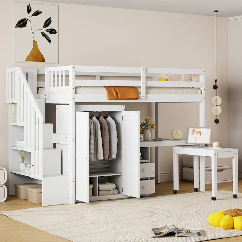 Twin Loft Bed with Staircase & Study Station and 5-in-1 Storage, 300lb Capacity