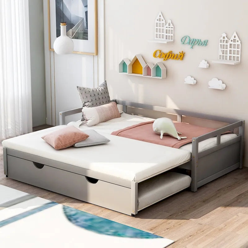 Grey Twin Size Pine Wood Extending Daybed with Twin Size Trundle, Sturdy Frame, Slat Kit Included