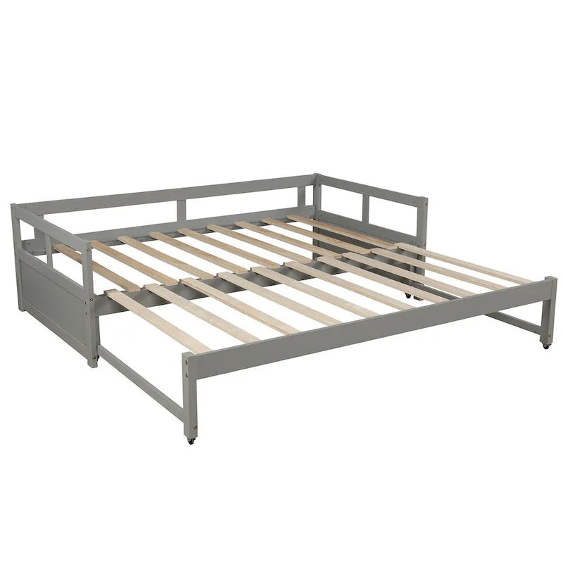 Grey Twin Size Pine Wood Extending Daybed with Twin Size Trundle, Sturdy Frame, Slat Kit Included