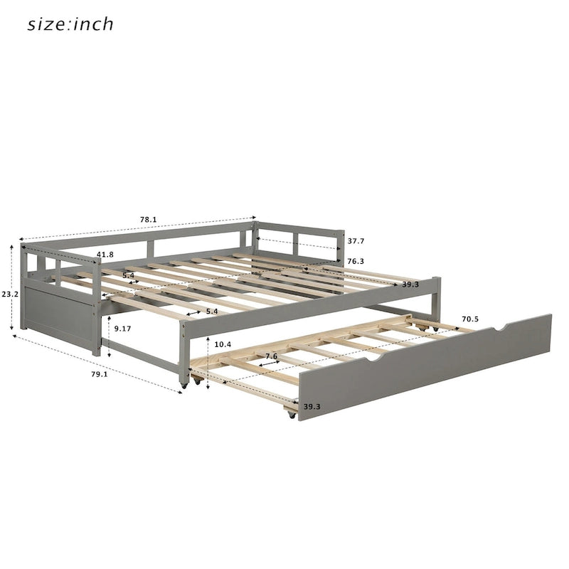 Grey Twin Size Pine Wood Extending Daybed with Twin Size Trundle, Sturdy Frame, Slat Kit Included