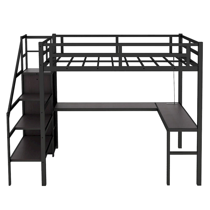 Black Twin XL Size Metal Loft Bed with L-shaped Desk, USB, Wardrobe, and Adjustable Shelf