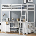 White Twin Size Solid Wood Loft Bed with Desk, Blackboard, and Storage