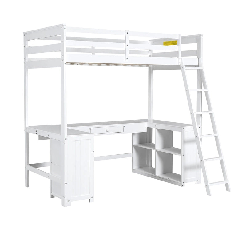 White Twin Size Solid Wood Loft Bed with Desk, Blackboard, and Storage