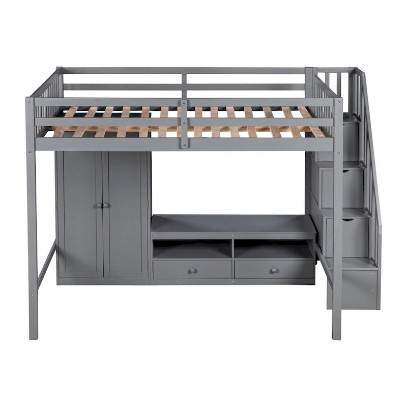 Full Size Solid Wood Loft Bed with Wardrobe, Low Storage Table, and Staircase