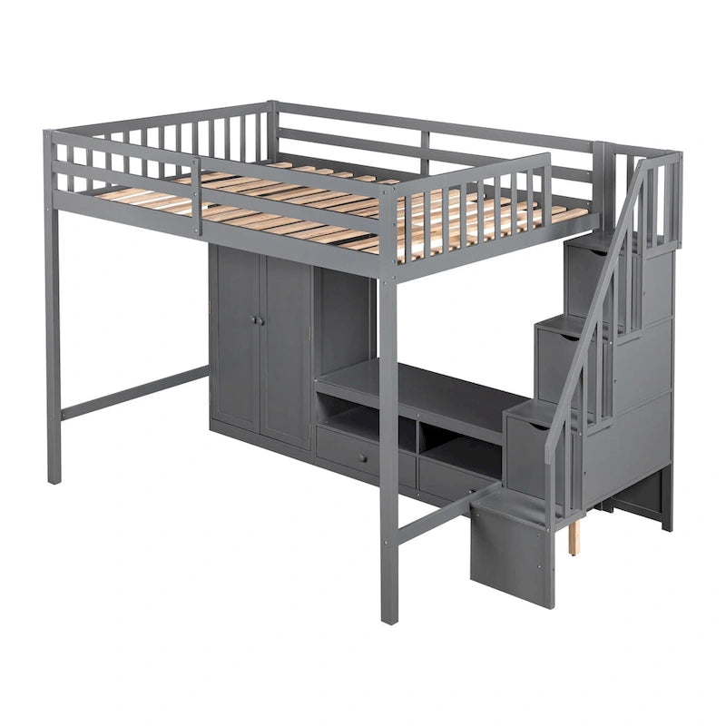 Full Size Solid Wood Loft Bed with Wardrobe, Low Storage Table, and Staircase