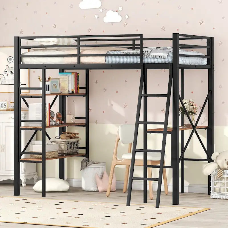 Twin Size Metal Loft Bed with Shelves and Desk for Kids