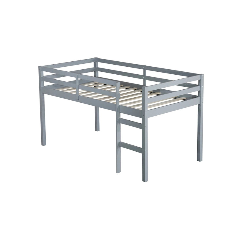 Grey Twin Size Rubber Wooden Loft Bed with Ladder, Bed Platform of Strengthened Slats
