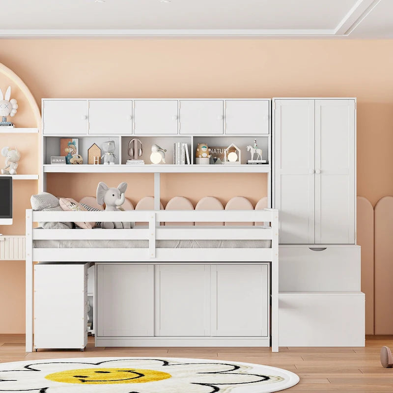 Wooden Loft Bed with Integrated Wardrobe, Under-bed Desk, Drawers, with Shelves